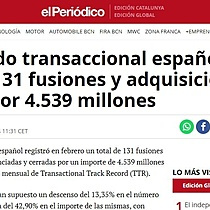 El mercado transaccional espaol registra 131 fusiones y adquisiciones en febrero por 4.539 millones